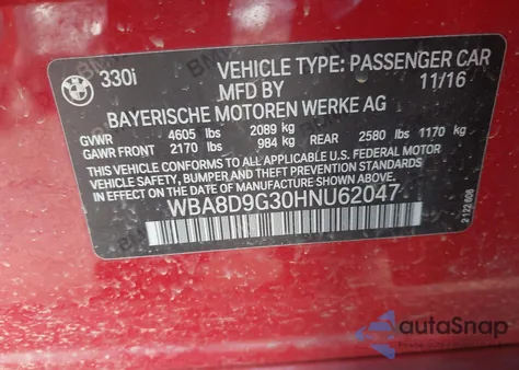 2017 BMW 330I xDrive из США, поврежденный, VIN WBA8D9G30HNU62047